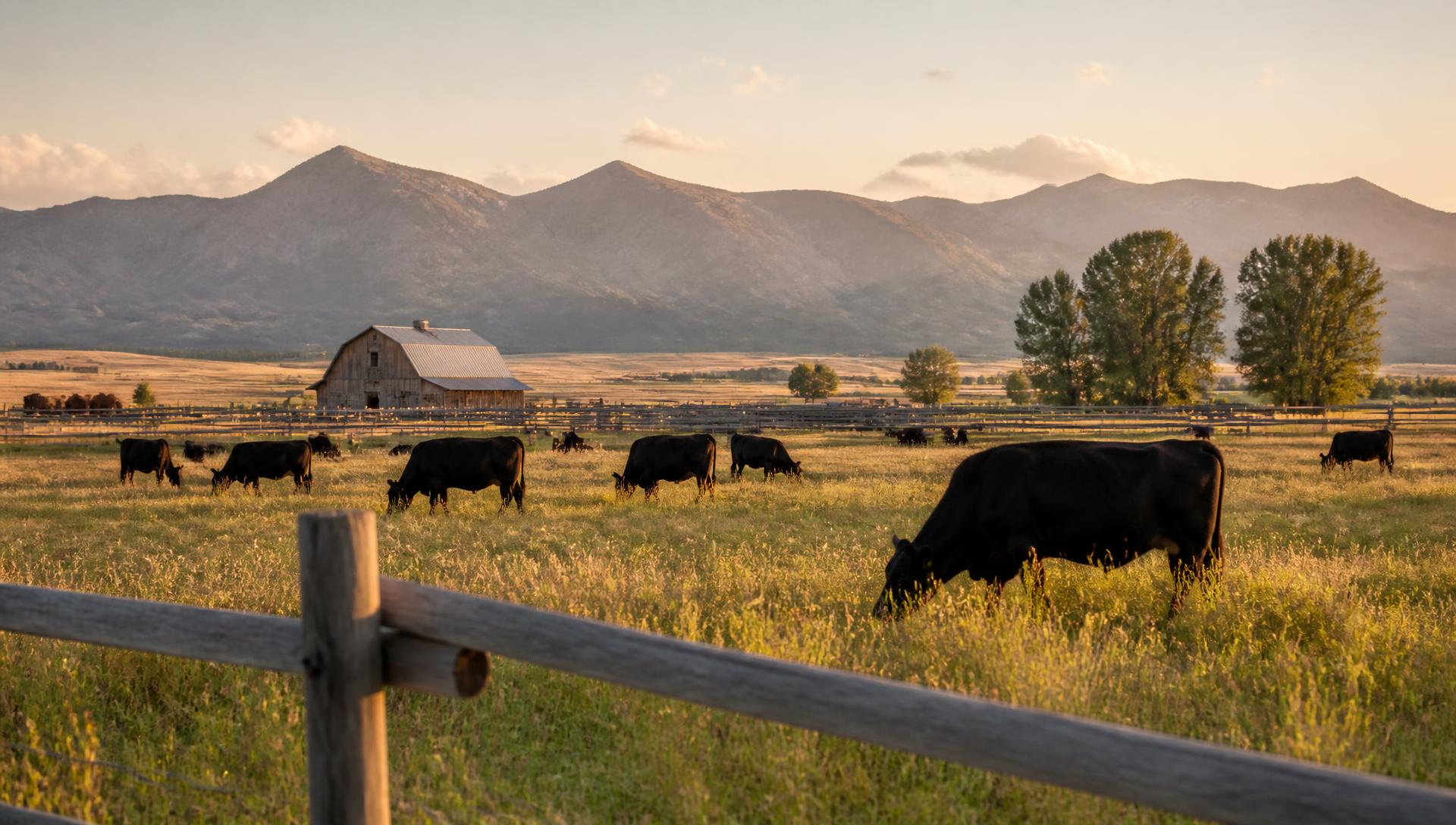 Cattle grazing at golden hour on a Montana ranch with a weathered barn and mountains beyond